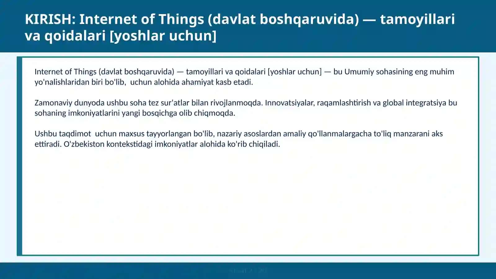 Internet of Things (davlat boshqaruvida) — tamoyillari va qoidalari [yoshlar uchun] 2