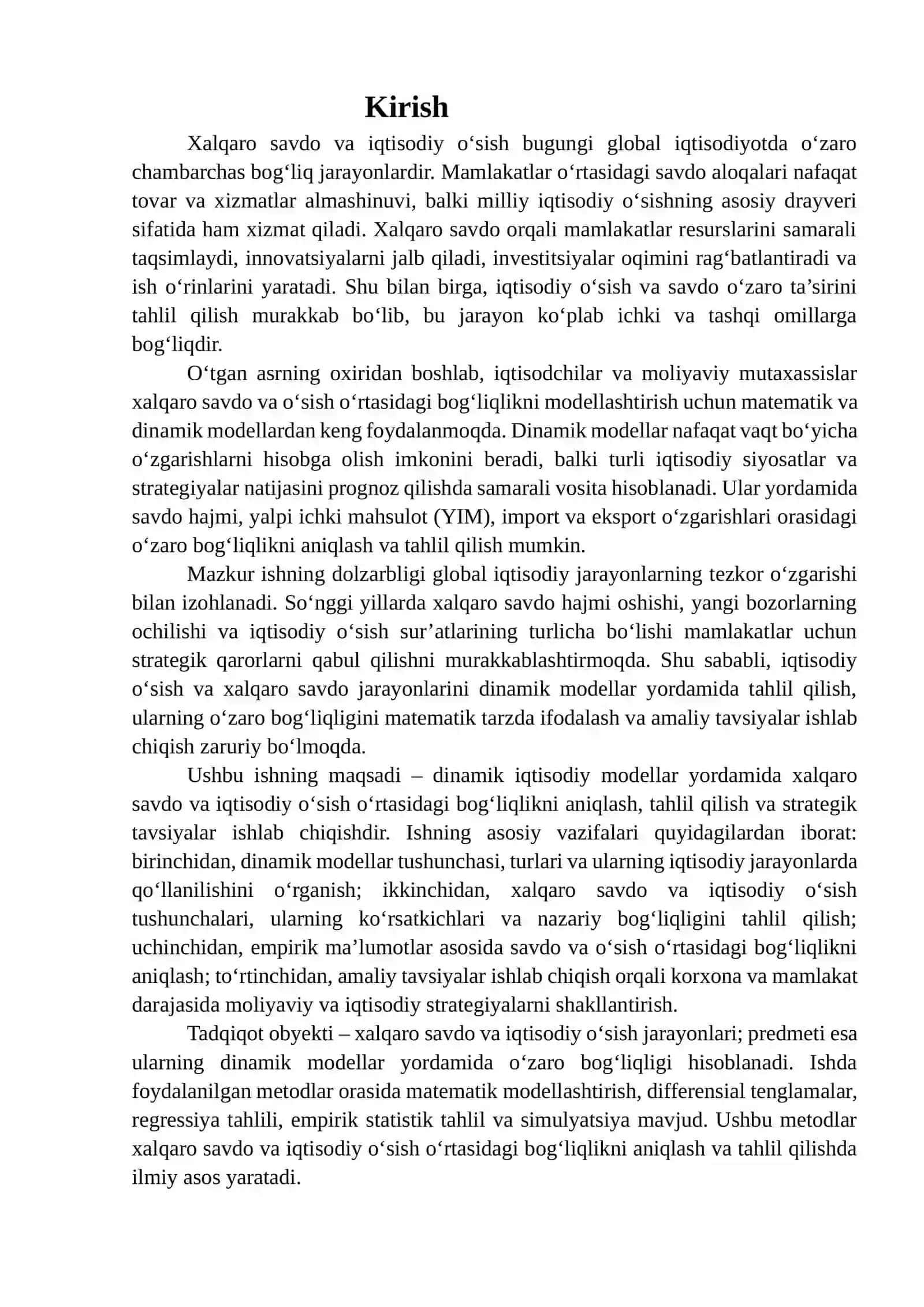 Dinamik modellarida xalqaro savdo va o’sishning bog’liqligi 2