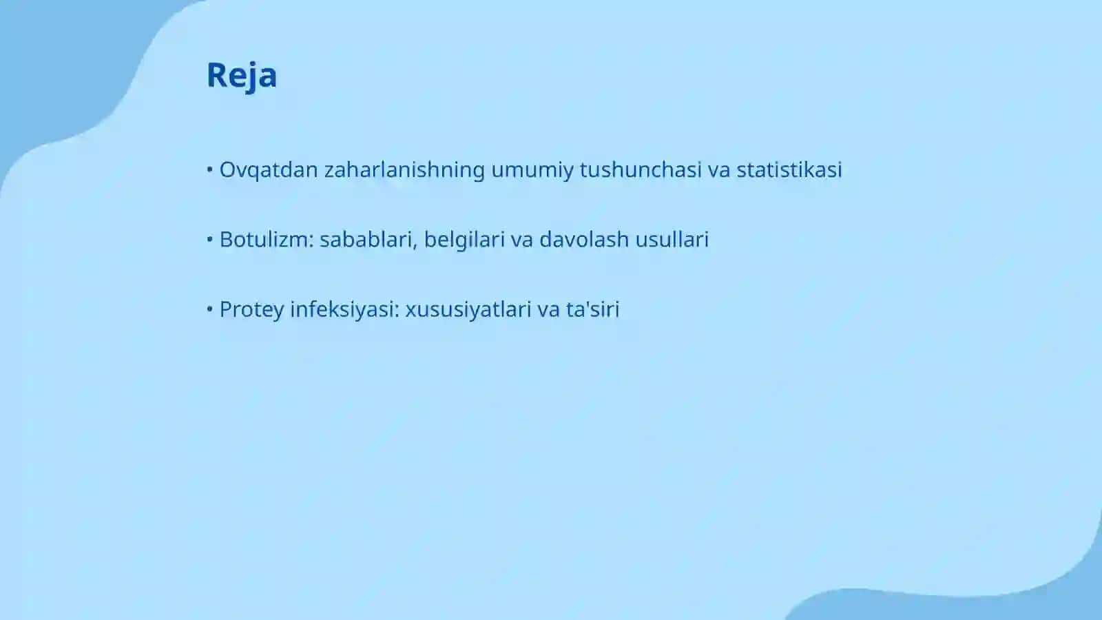 Ovqatdan zaharlanish yuqumli kasallik qo'zg'atuvchilari, botulizm, protey, salmalenoz, stafilakokli ovqatdan zaxarlanishlarni chaqiruvchi infeksiyalar 2