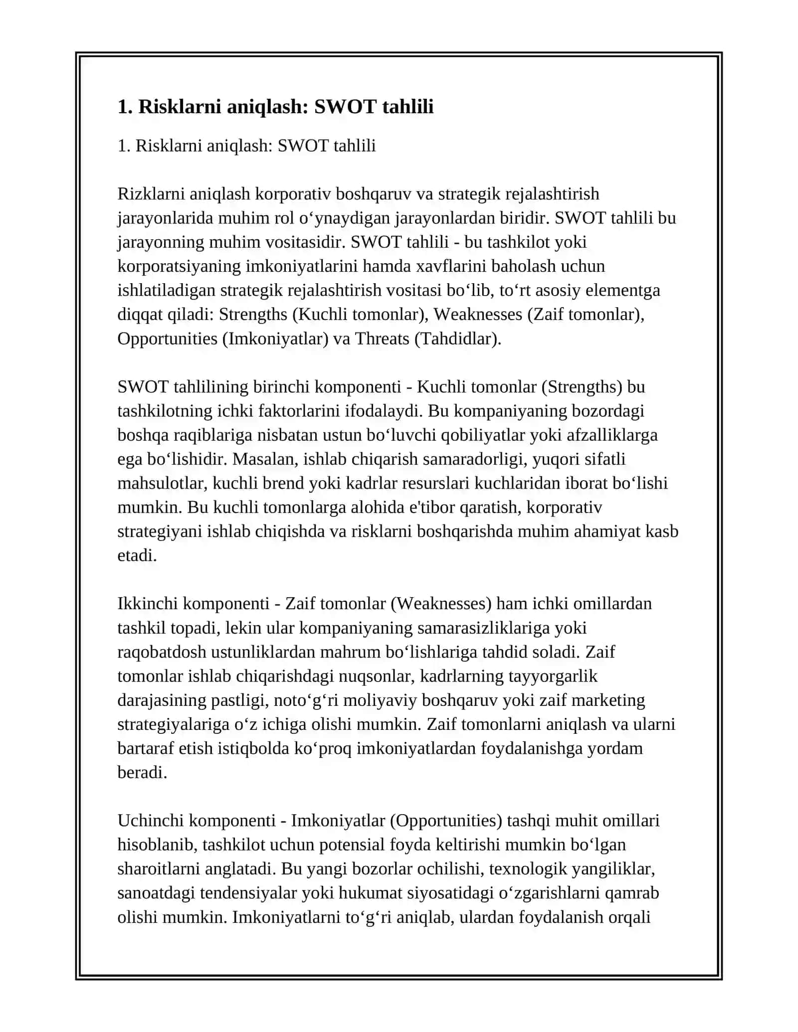RISKLARNI ANIQLASH, BAHOLASH VA NAZORAT QILISH USULLARI 2