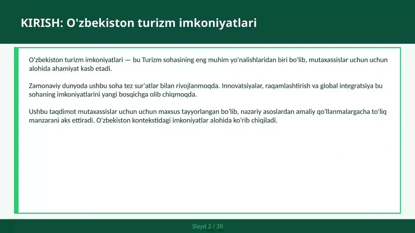 O'zbekiston Turizm imkoniyatlari 2