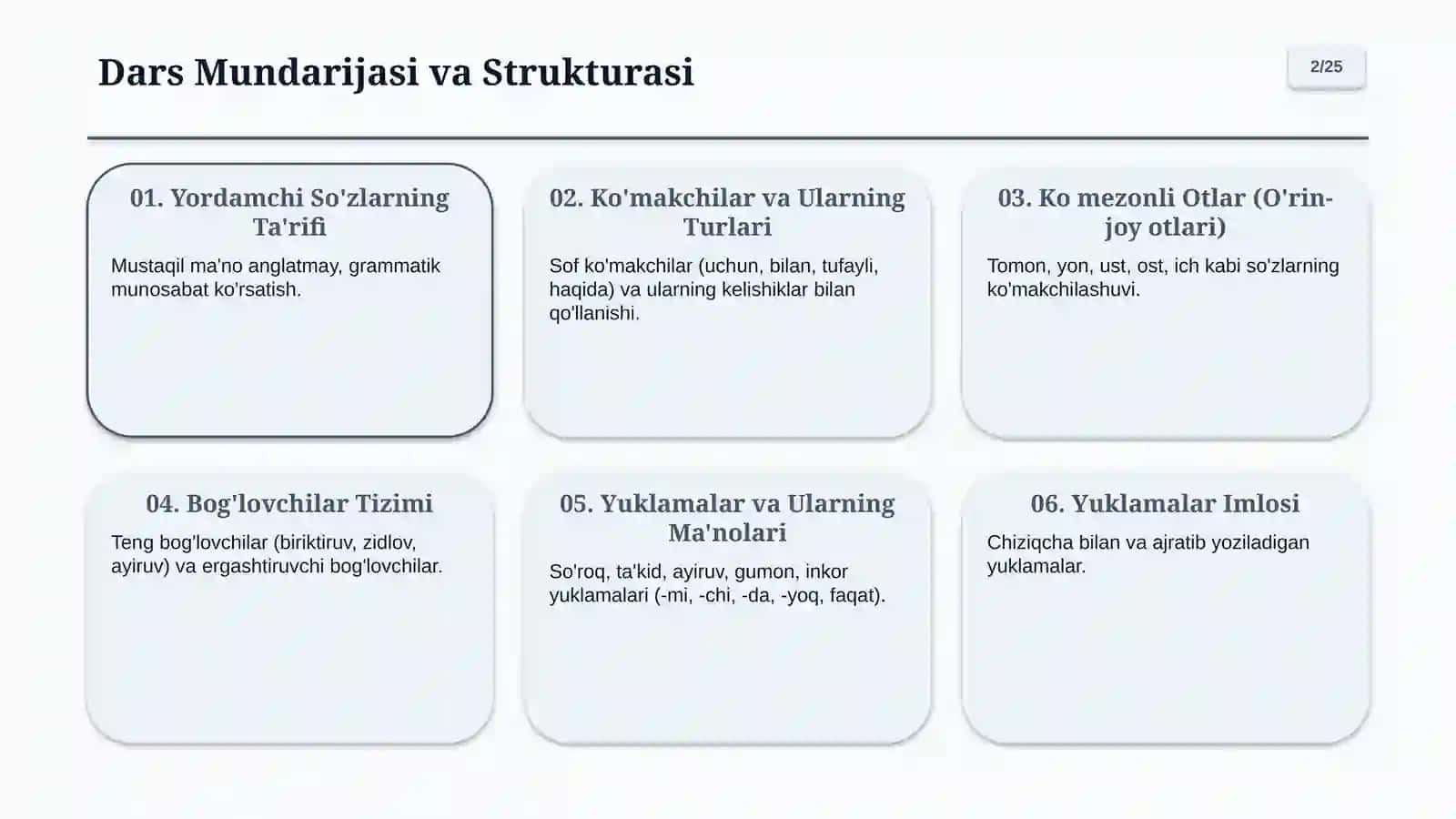 Yordamchi So'z Turkumlari: Ko'makchi, Bog'lovchi, Yuklama 2