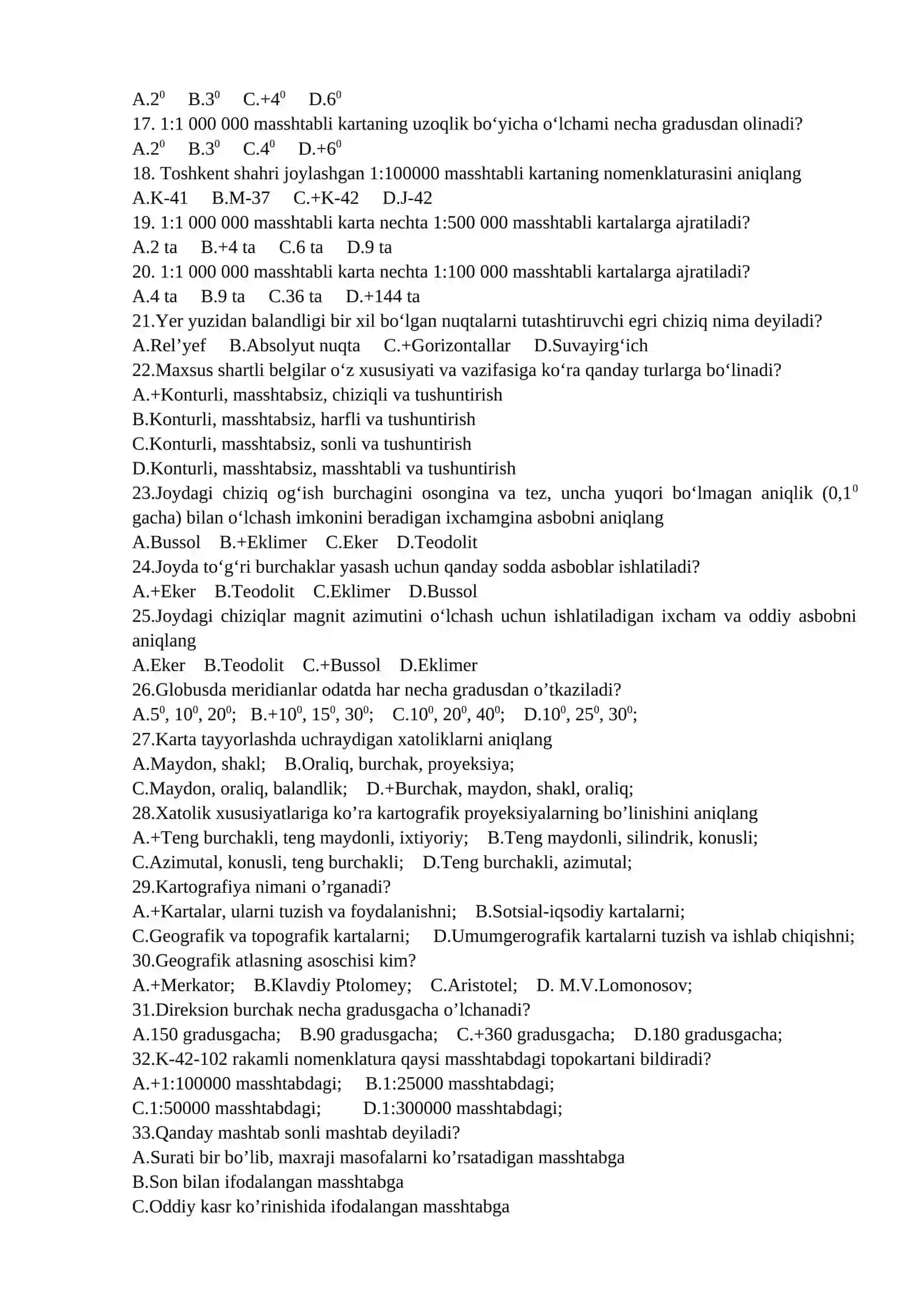 Topografiya, kartografiya va GIS fanidan test savollari 75 ta 2