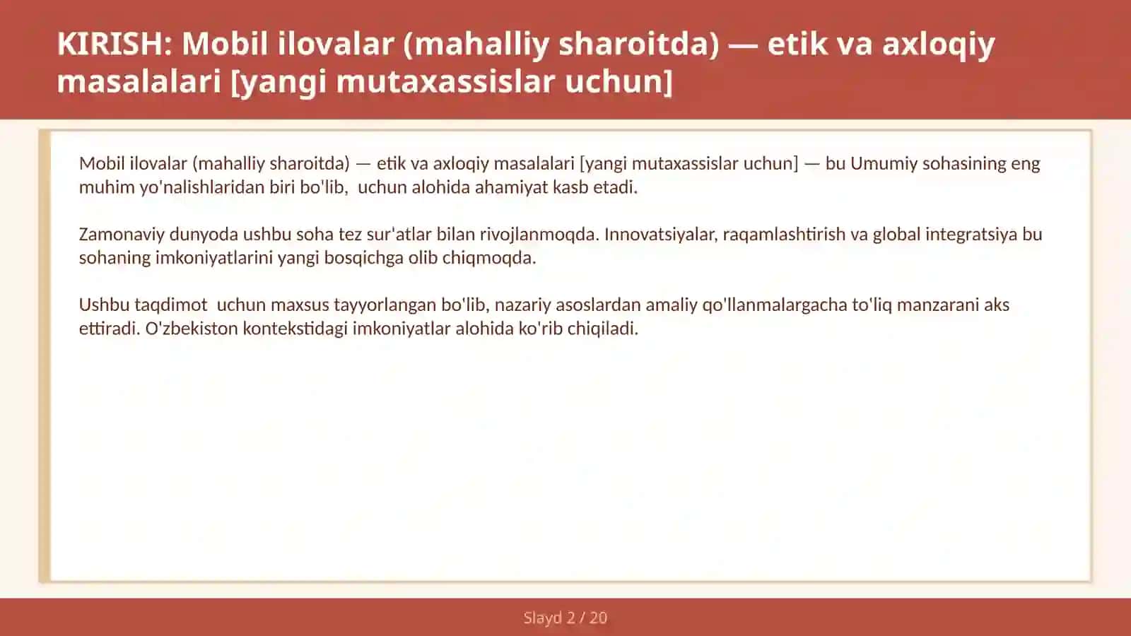 MOBIL ILOVALAR (MAHALLIY SHAROITDA) — ETIK VA AXLOQIY MASALALARI [YANGI MUTAXASSISLAR UCHUN] 2