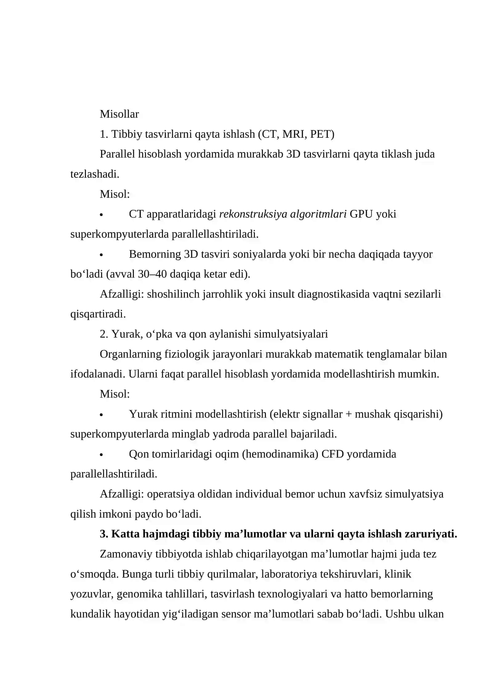 Parallel hisoblashni tibbiyotda qo‘llash misollarini toping va yozib bering 2