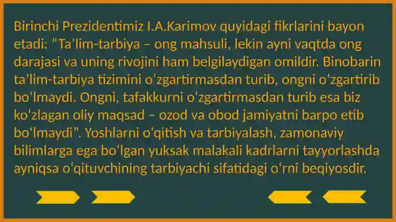 O‘qituvchining tarbiya texnologiyalari asosida pedagogik mahoratini oshirib borishi. 2