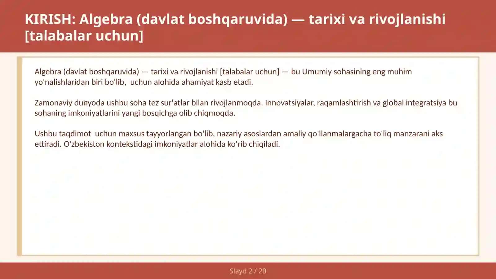 Algebra (davlat boshqaruvida) — tarixi va rivojlanishi [talabalar uchun] 2