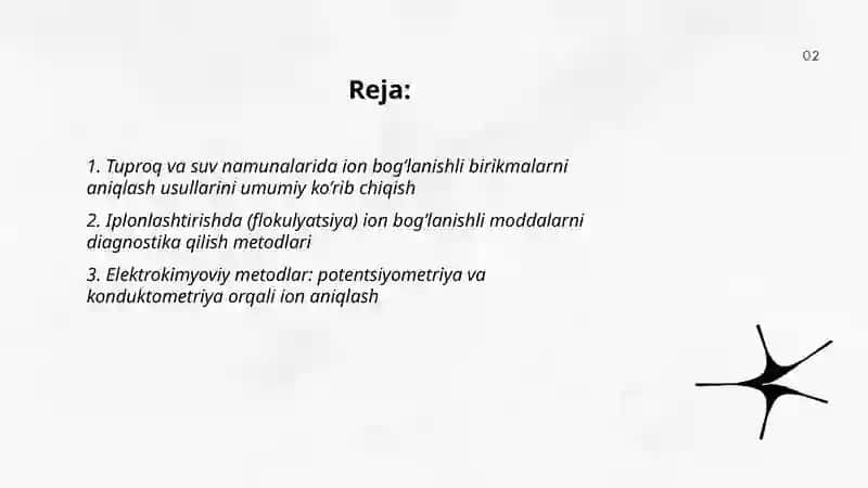 Tuproq va suvning iplonlashtirishda ion bog’lanishda birikmalarni aniqlab ulardan tozalash usulini ishlab chiqarish 2