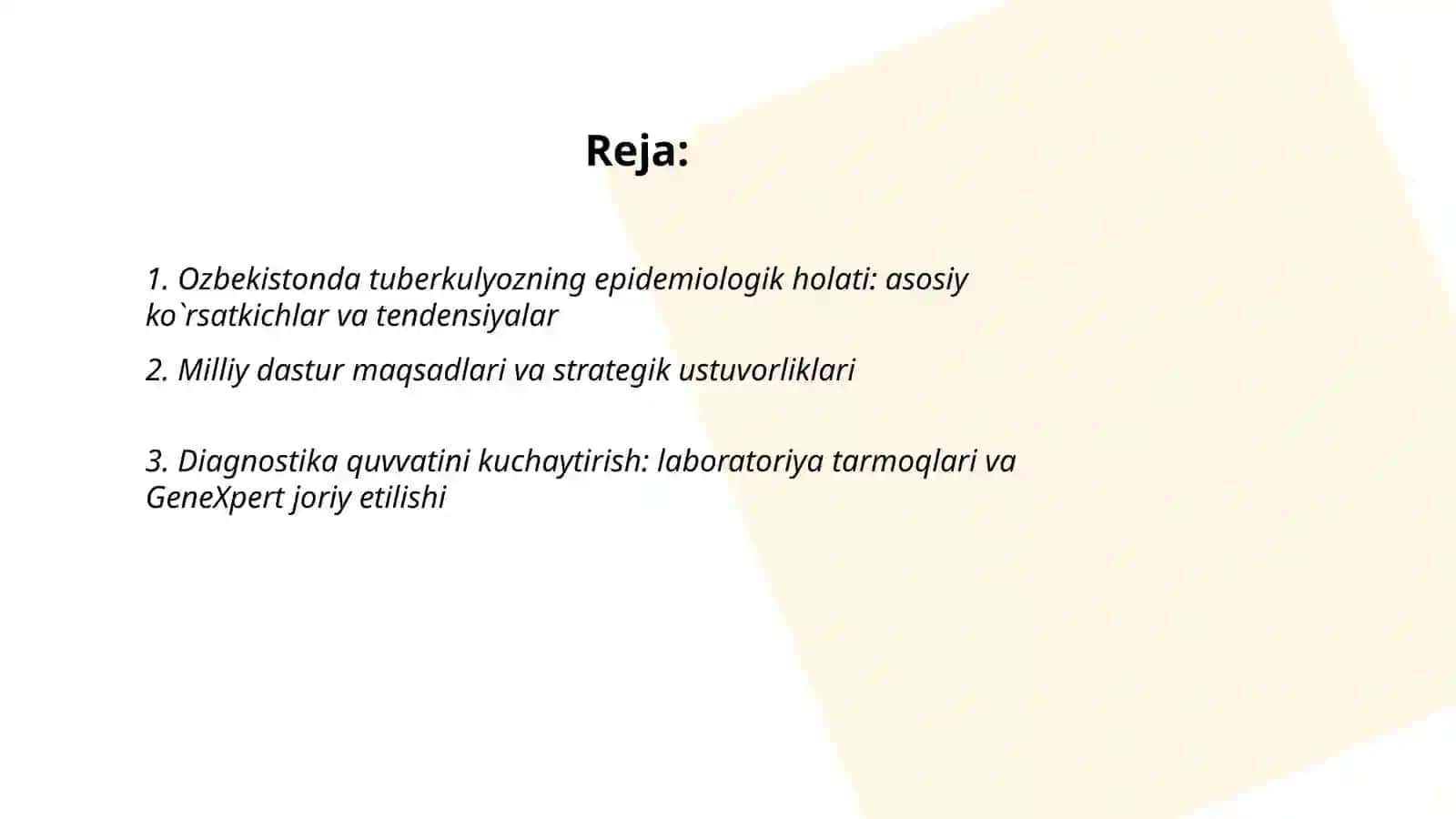 Ozbekistonda tuberkulyozga qarshi kurashishning milliy dasturi. Ozbekistonda tuberkulyoz bo`yicha epidemiologic vaziyatni baholash 2