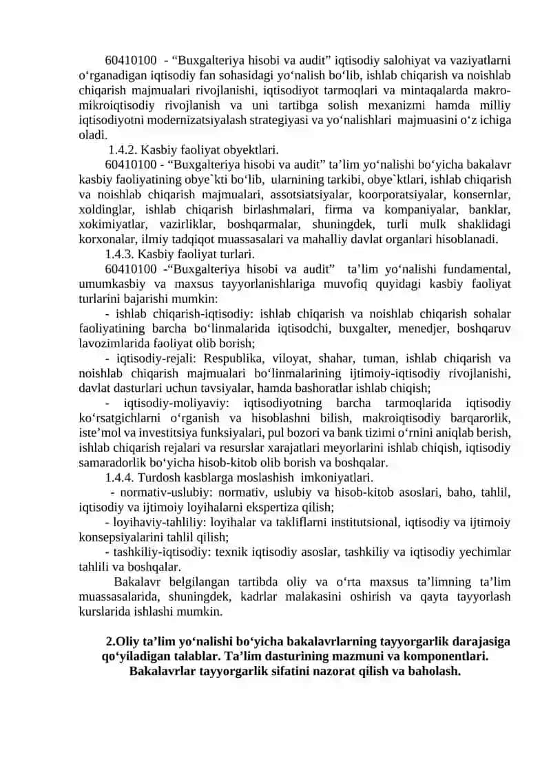 OLIY TA’LIM SOHASIDA BAKALAVRIATLARINING MAZMUNI VA TAYYORGARLIK DARAJASIGA QO‘YILADIGAN TALABLAR 2