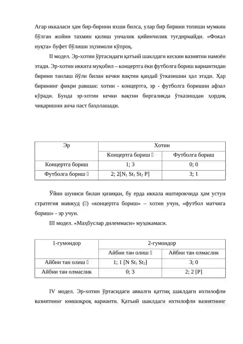 Ўйинлар назарияси таянч моделларининг таснифи 2
