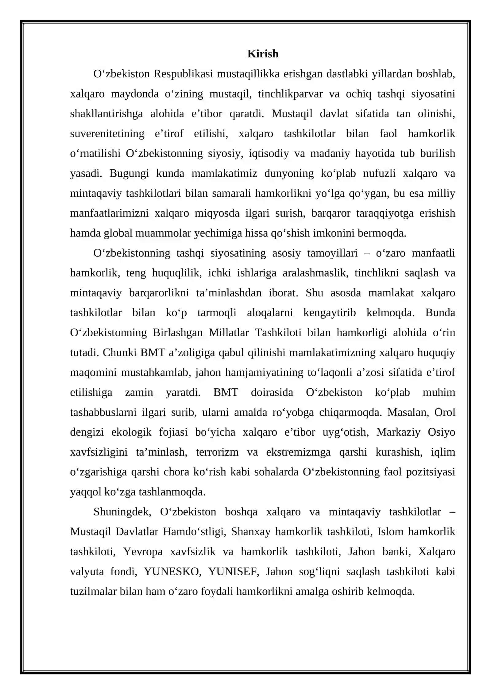 O‘ZBEKISTONNING XALQAROTASHKILOTLAR BILAN HAMKORLIK ALOQALARI 2