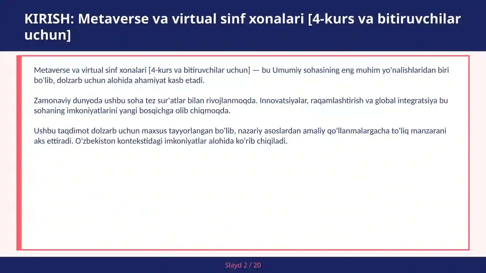 Metaverse va virtual sinf xonalari [4-kurs va bitiruvchilar uchun] 2