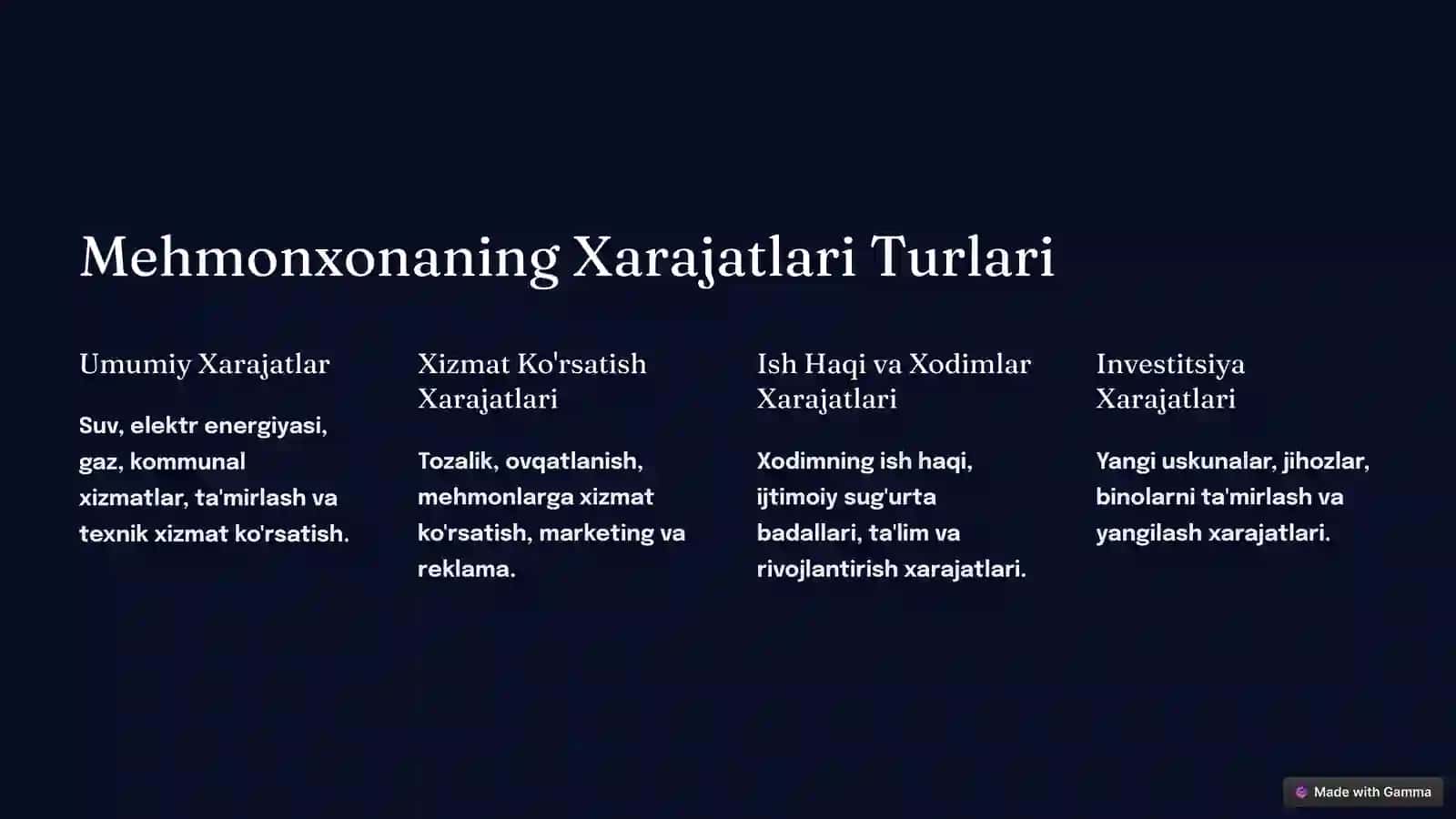 Mehmonxona Xo'jaligining Xarajatlarini Rejalashtirish 2