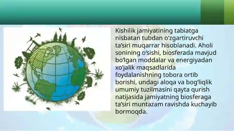 "Inson biosfera omili sifatida. Inson faoliyati ning biosfera gata’siri" mavzusida tayyorlagan DARS ISHLANMASI 2