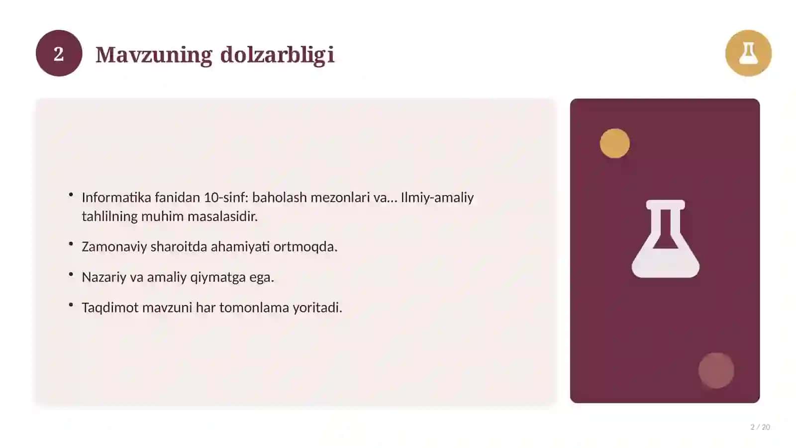 Informatika fanidan 10-sinf: baholash mezonlari va rubrika 2