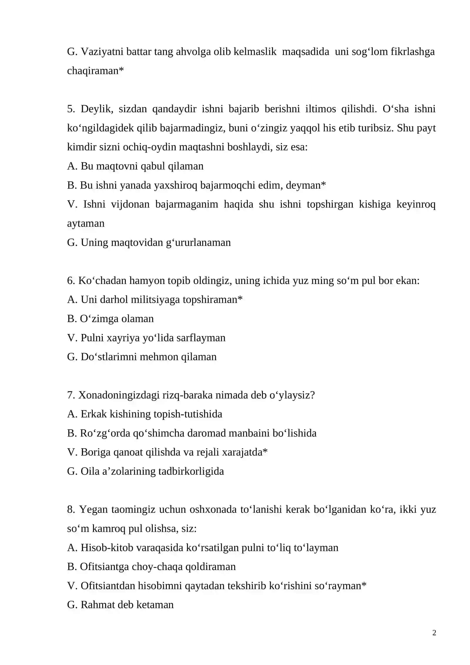 BOJXONA NOMZODLARI UCHUN  TEST SAVOLLARI. 2