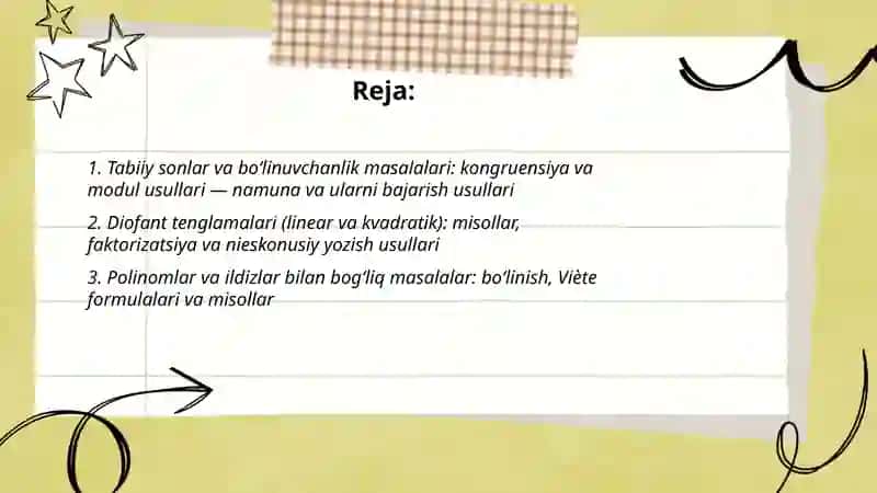 Tabiiy sonlar va bo‘linuvchanlik masalalari: kongruensiya va modul usullari 2