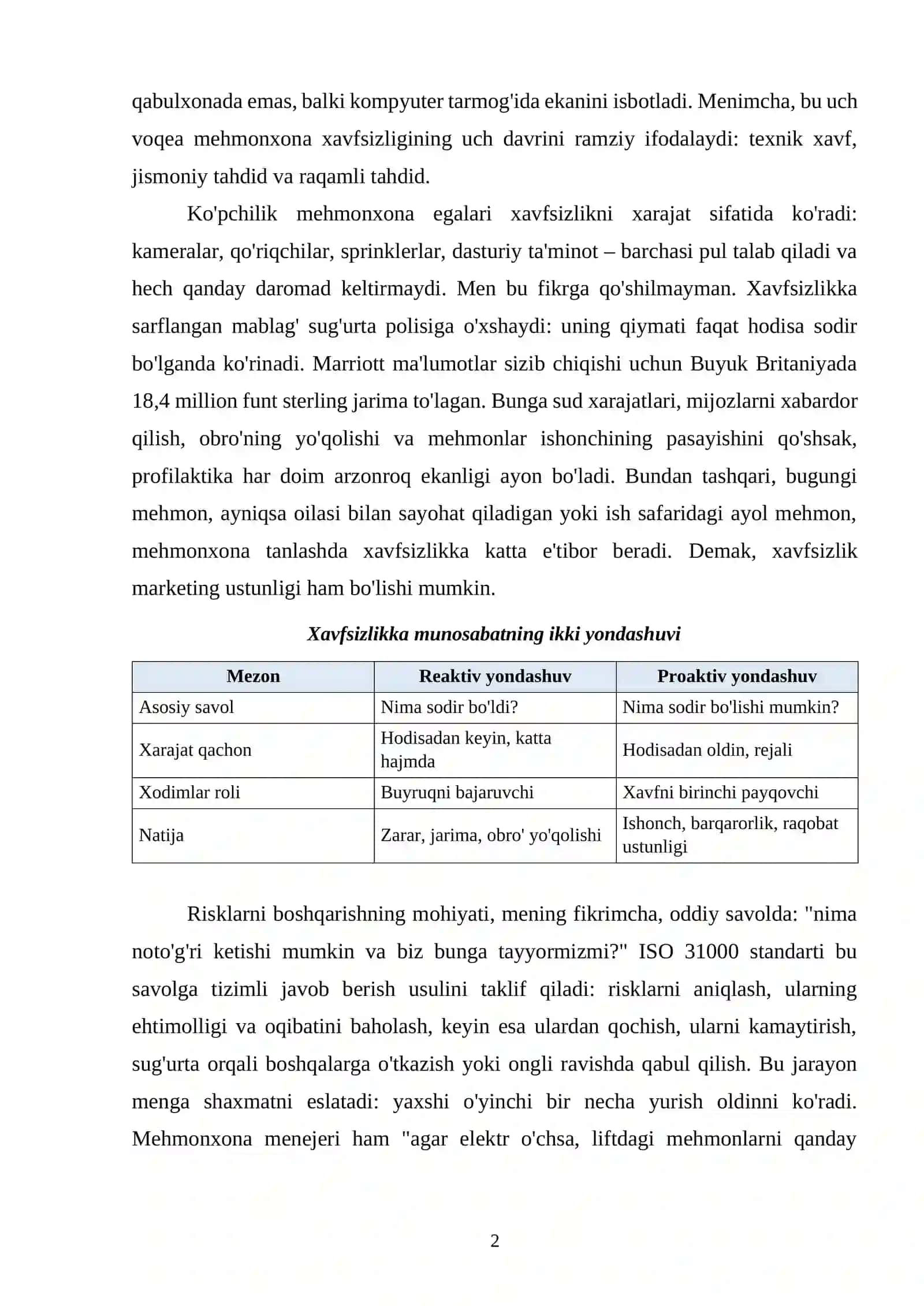 XALQARO MEHMONXONALARDA XAVFSIZLIK TIZIMLARI (SECURITY & SAFETY MANAGEMENT) VA RISKLARNI BOSHQARISH 2
