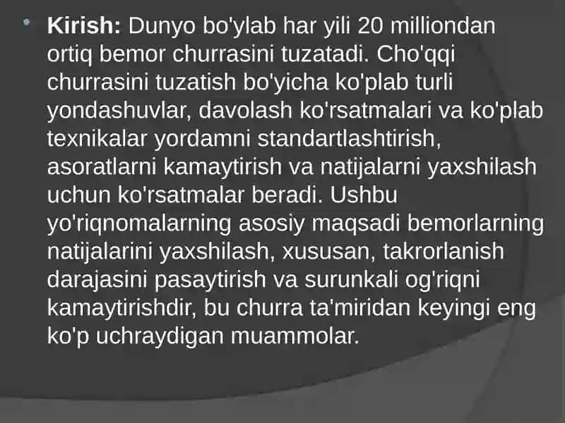 Churrakasalliklaridayallig‘lanish, koprostaz, qisilib qolishi, to‘g‘rilanmasliksimptomlarini aniqlash 2