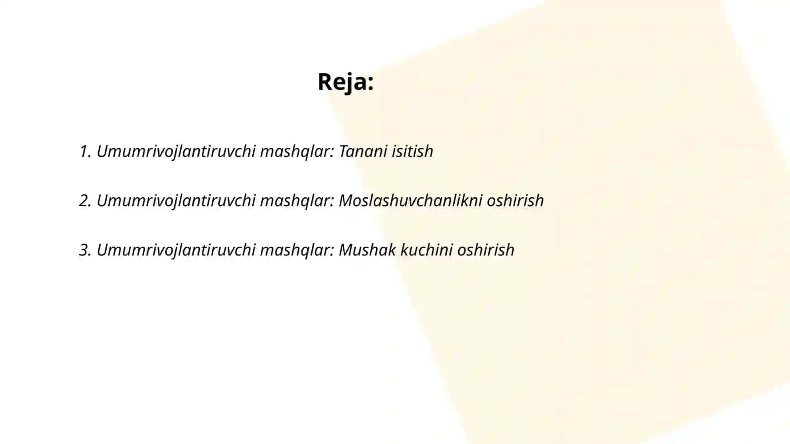 Umumrivojlantiruvchi mashqlar. 12 ta mashq buyumlar bilan 2