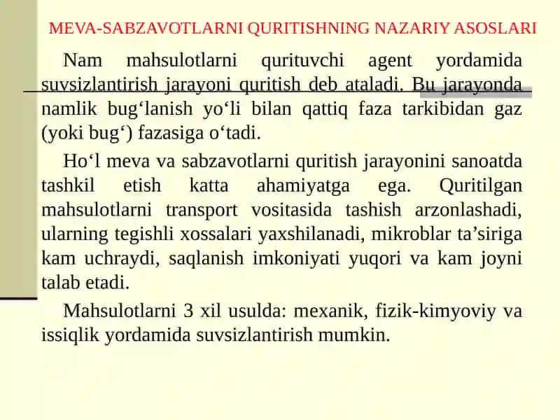 MEVA-SABZAVOTLARNI QURITISHNING NAZARIY ASOSLARI 2