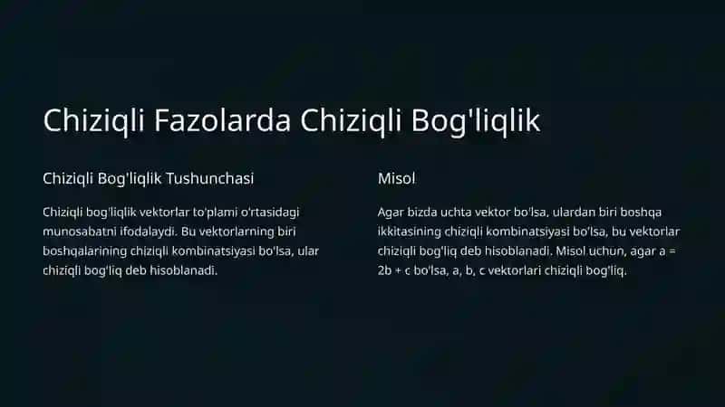 Chiziqli Fazolar, Chiziqli Bog'liqlik va Erkinlik 2