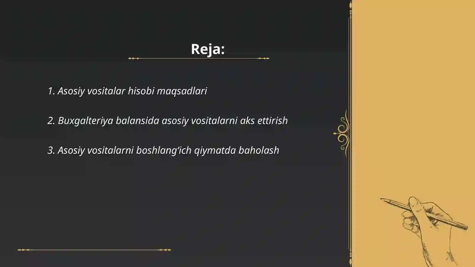 Asosiy vositalar hisobini tashkil qilishning vazifalari. Asosiy vositalarni turkumlarga ajratish va baholash tartibi 2