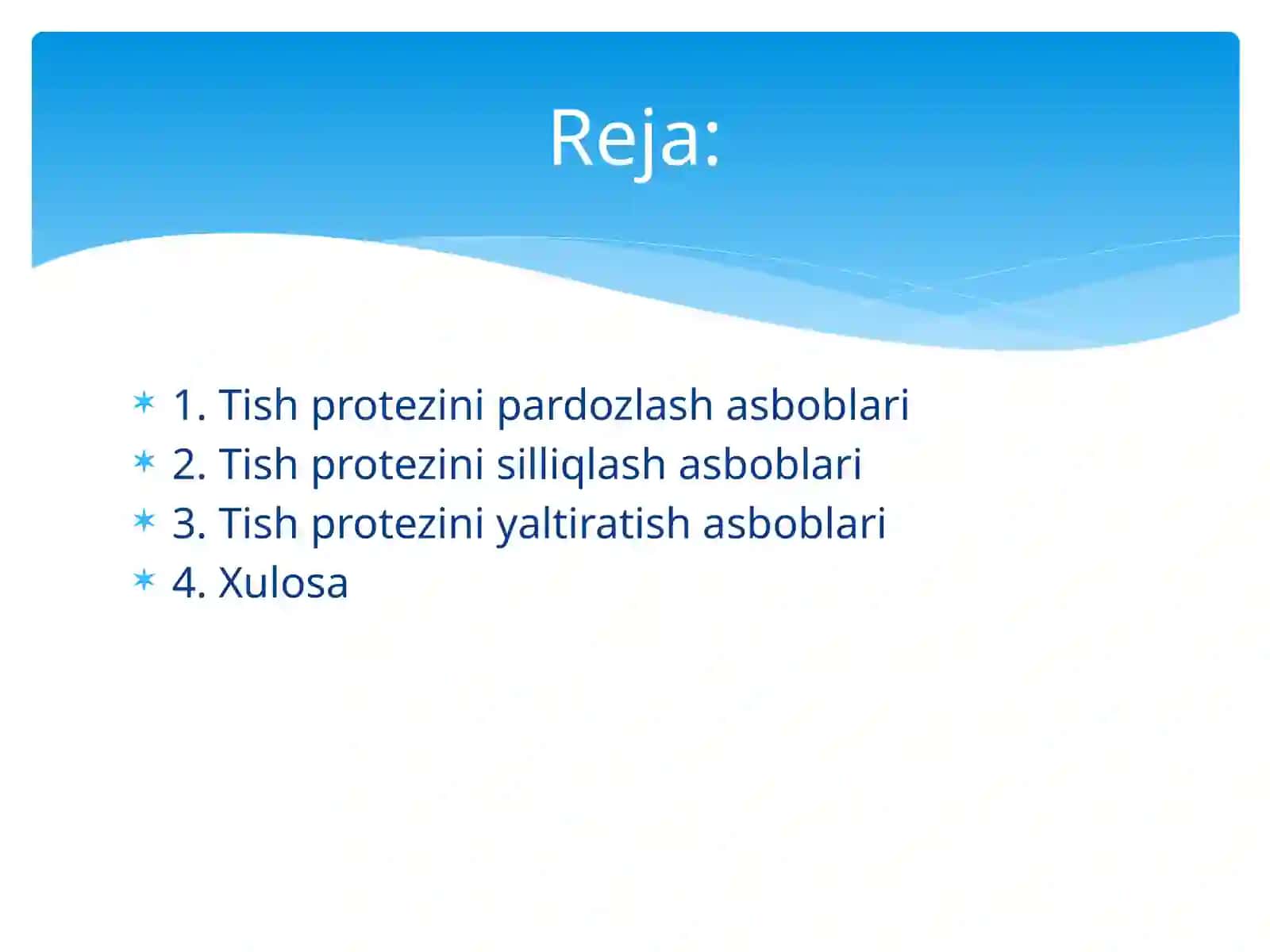 Olinadigan tish protezlarini tayyorlash jarayoni yakunida pardozlashda ishlatiladigan maxsulotlar va asboblar. 2