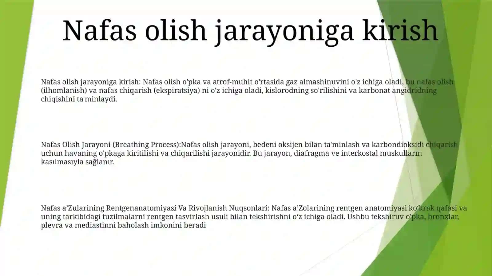 Nafas Olish Jarayoni. Nafas AʼZolarining Rentgenanatomiyasi VaRivojlanishNuqsonlari 2