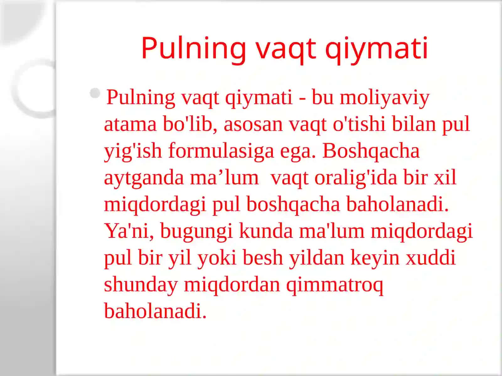Pulning vaqt bo’yicha qiymati 2
