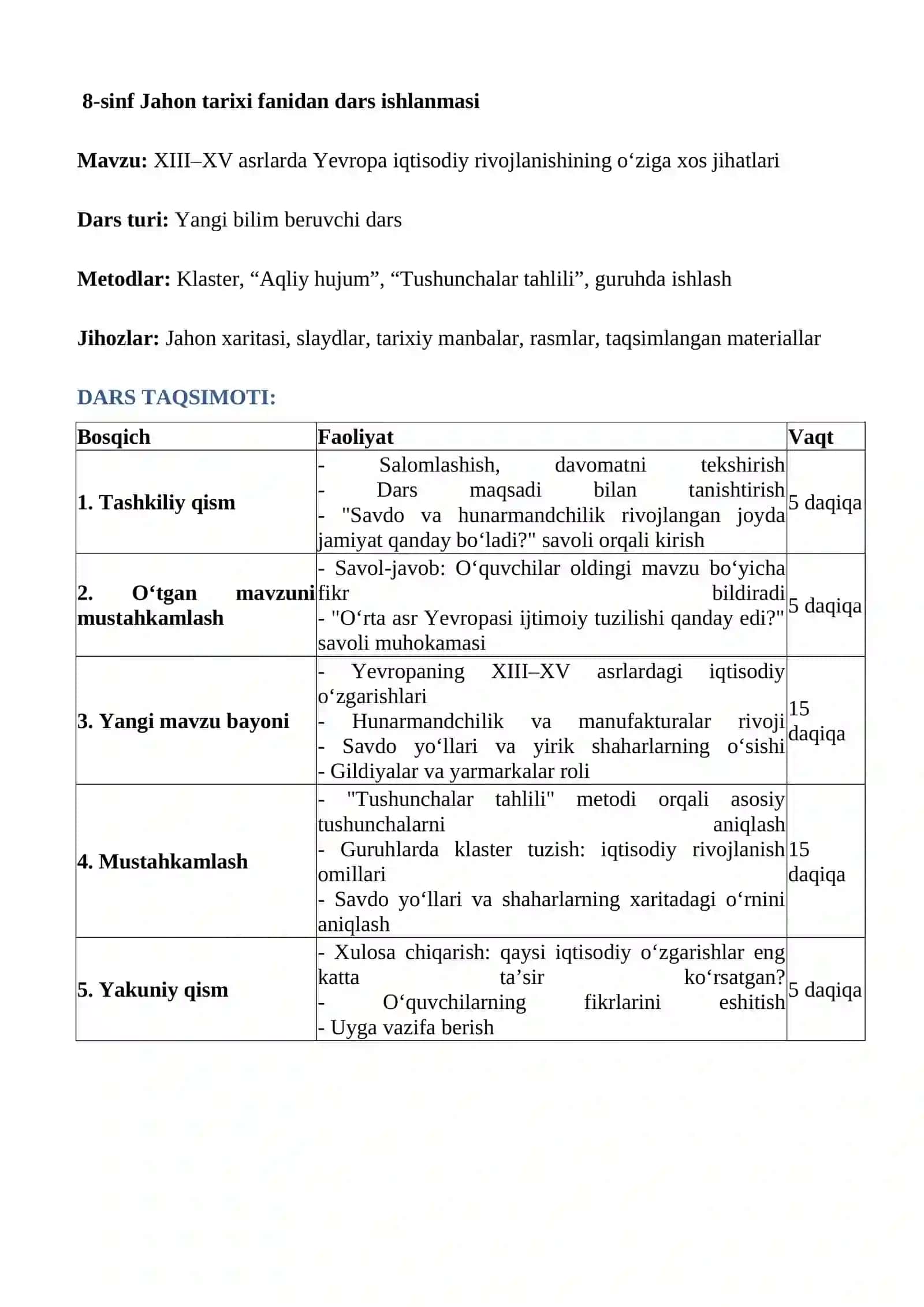 XIII–XV asrlarda Yevropa iqtisodiy rivojlanishining o'ziga xos jihatlari 2