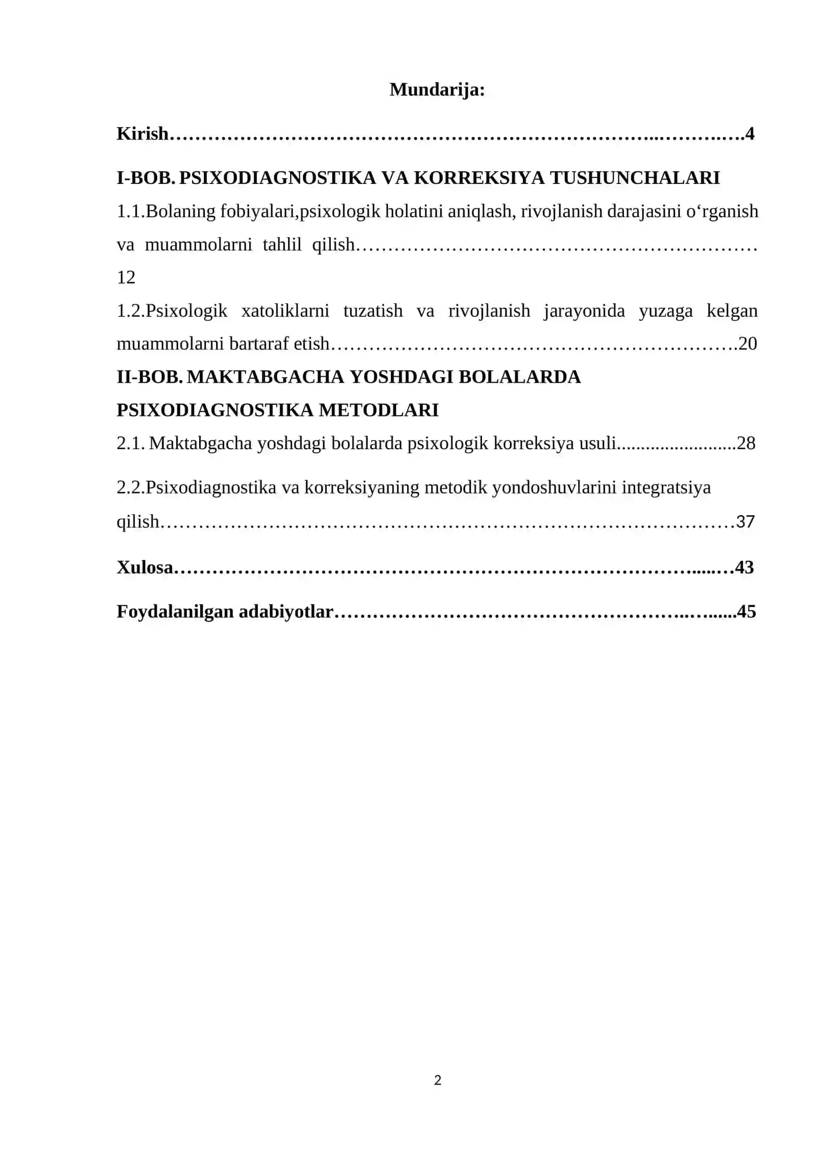 MAKTABGACHA YOSHDAGI BOLALARDA FOBIYALAR PSIXODIAGNOSTIKASI VA KORREKSIYASI KURS ISHI 2