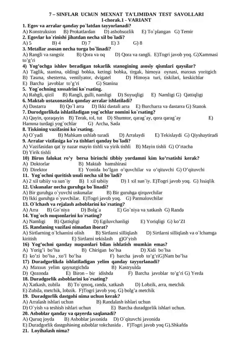 MЕXNAT TA'LIMIDAN TЕST SAVOLLARI 2