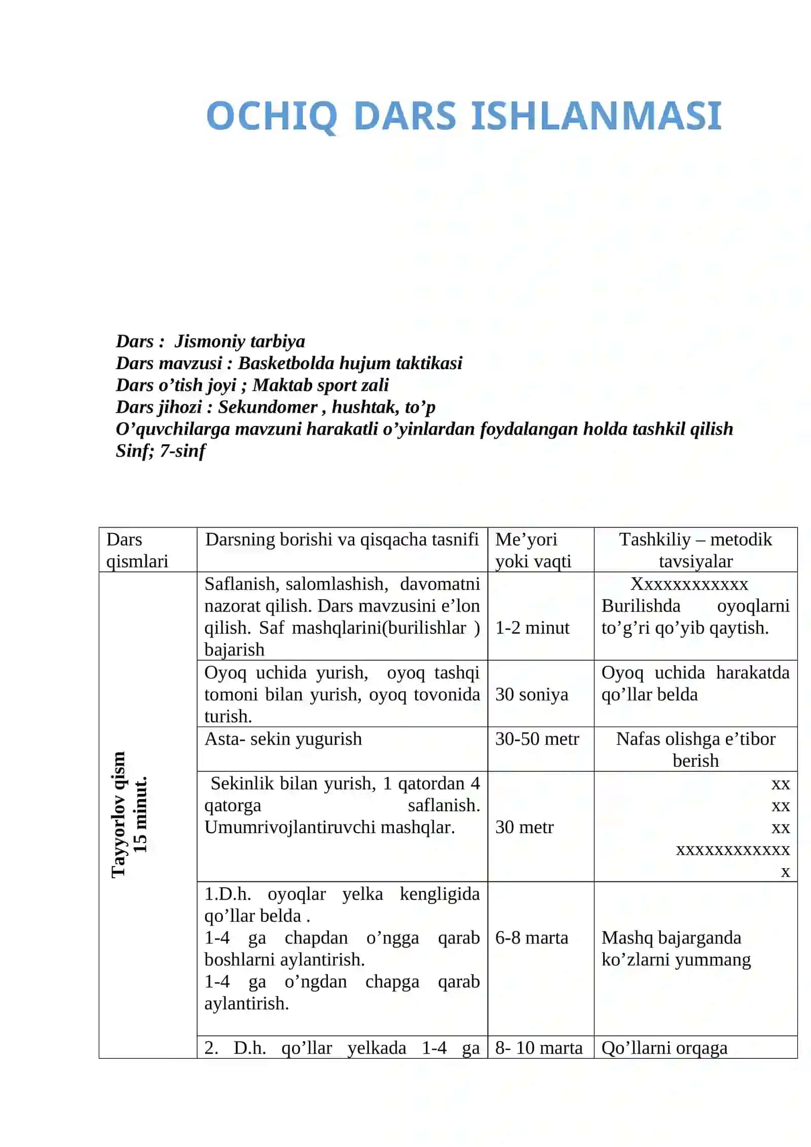 7-sinf Jismoniy tarbiya fanidan Basketbolda hujum taktikasi ochiq dars ishlanma 2