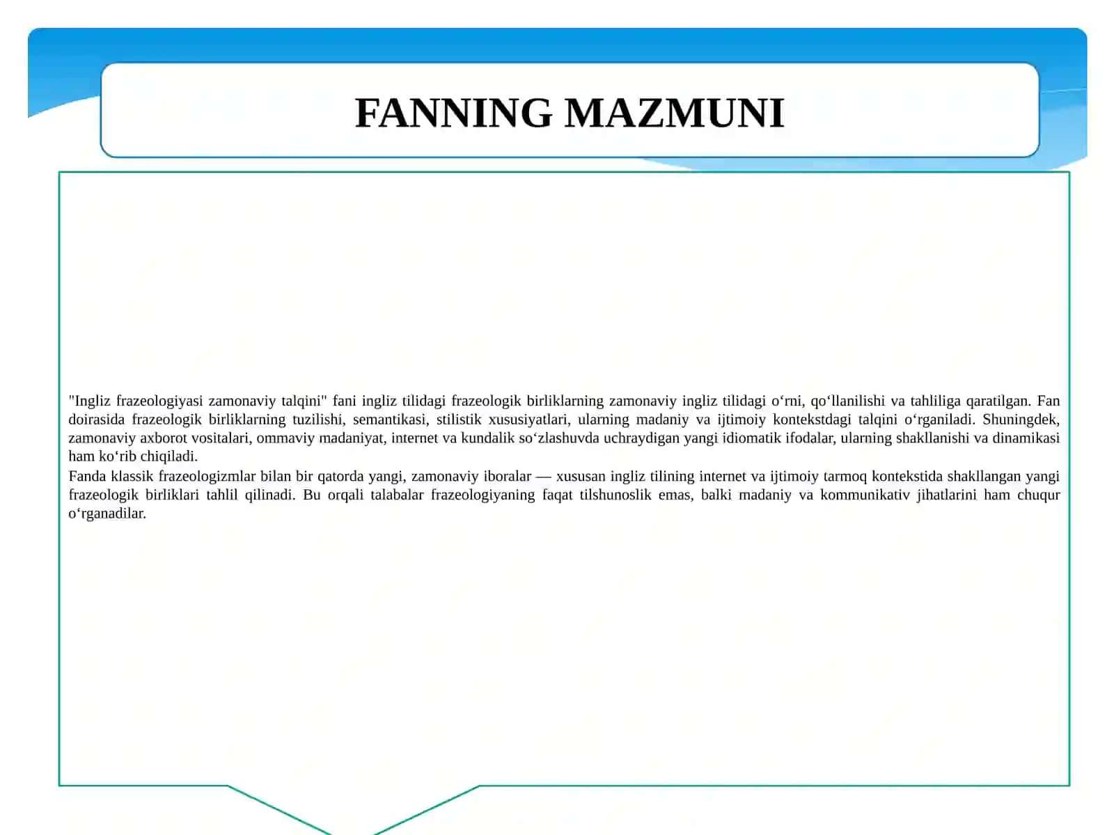 Ingliz frazeologiyasi zamonaviy talqini (1-variant) 2