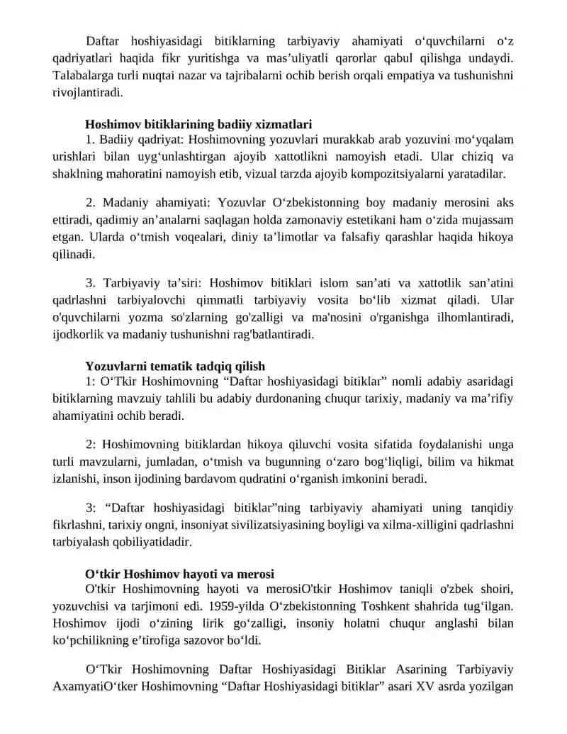 O'Tkir Hoshimovning Daftar Hoshiyasidagi Bitiklar Asarining Tarbiyaviy Axamyati 2