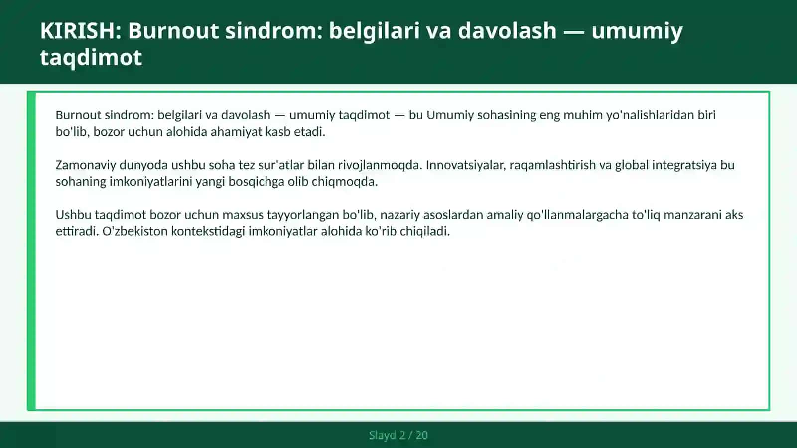 Burnout sindrom: belgilari va davolash — umumiy taqdimot 2
