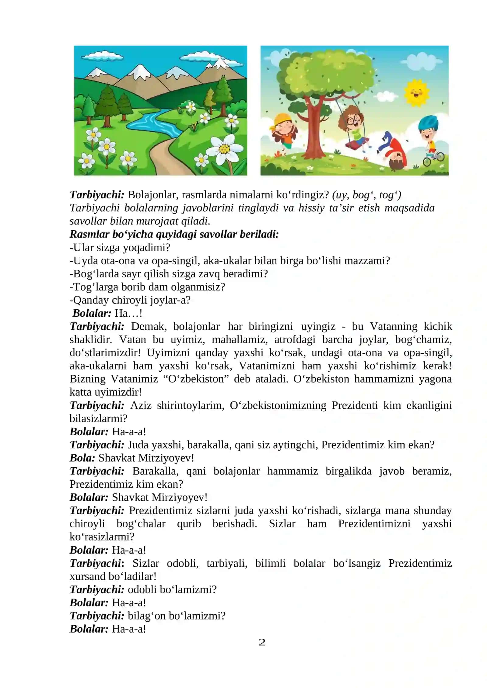 "Kelajak soati" darsining MTTlar uchun mashg'ulot senariysi: 1-mavzu: "O'ZBEKISTON- MENING VATANIM" 2
