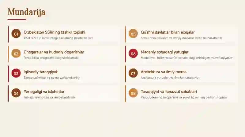 O'zbekiston Sovet Sotsialistik Respublikasi Davlatning tashkil topishi, rivojlanishi, chegaralari, iqtisodiy taraqqiyoti va madaniy merosi 2
