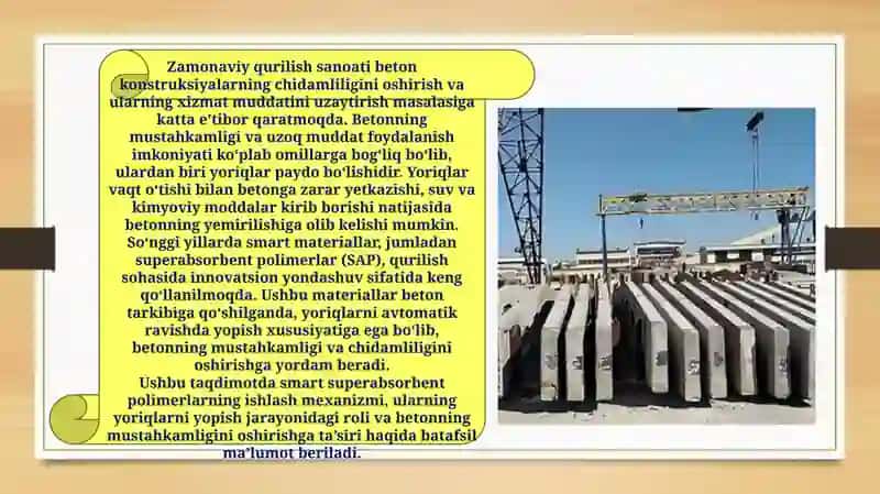 Betonkonstruksiyalarning yoriqlarini yopish uchun smart superabsorbent polemerlar ishlab chiqarish 2