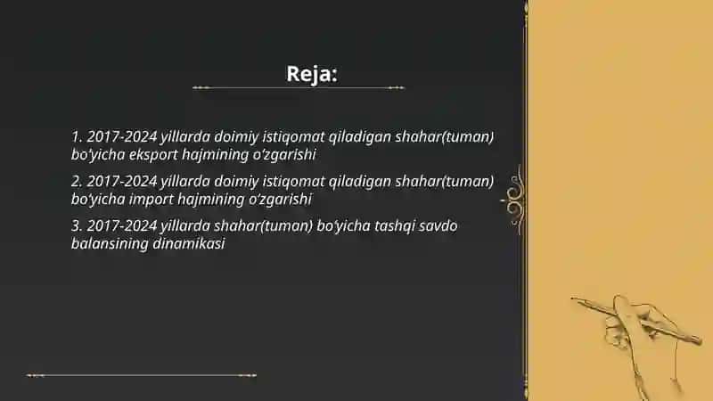 Doimiy istiqomat qiladigan shahar(tuman) bo'yicha tashqi savdo dinamikasi tahlili(2017-2024) 2