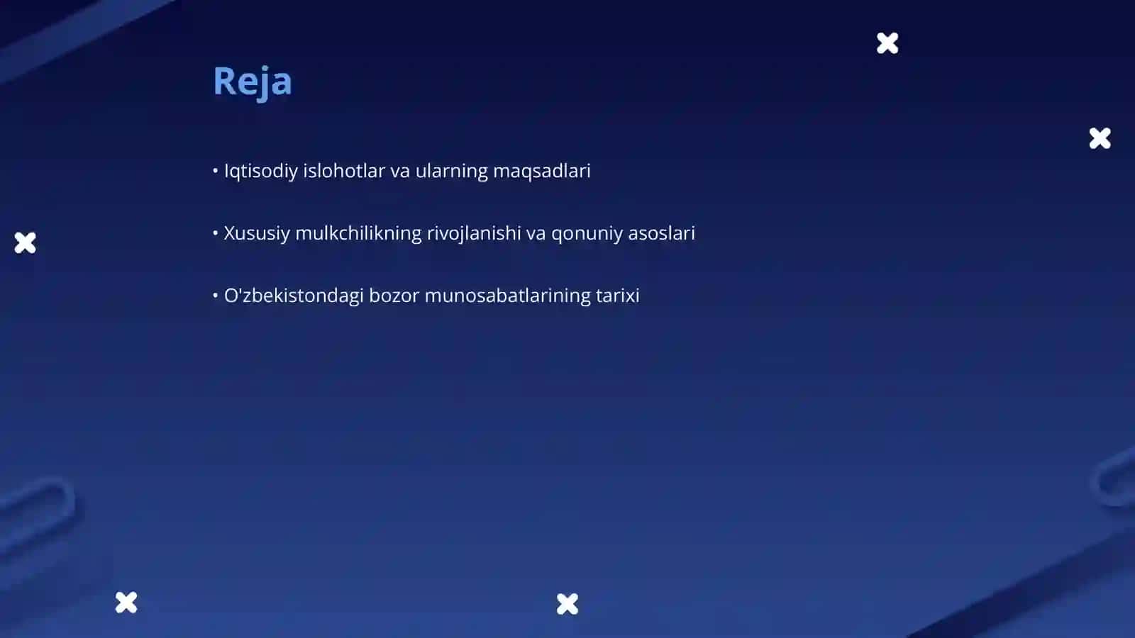 Iqtisodiy islohotlar xususiy mulkchilikning shakllanishi.Õzbekistonda bozor munosabatlarining rivojlanishi 2