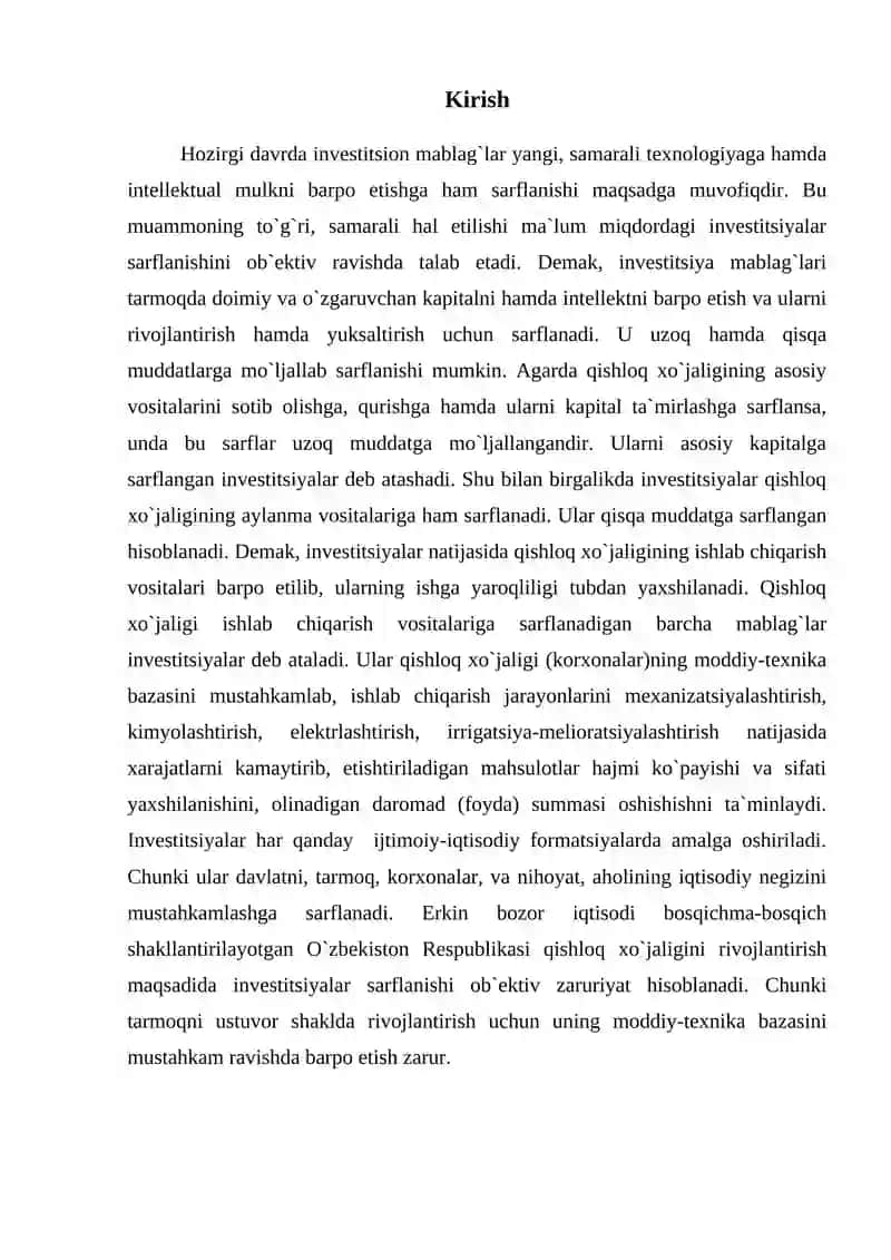 Kapital bozori va investitsiyalar samaradorligini baholash usullari. 2