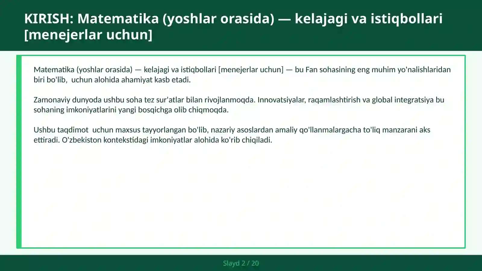 Matematika (Yoshlar Orasida) - Kelajagi va Istiqbollari [Menejerlar Uchun] 2