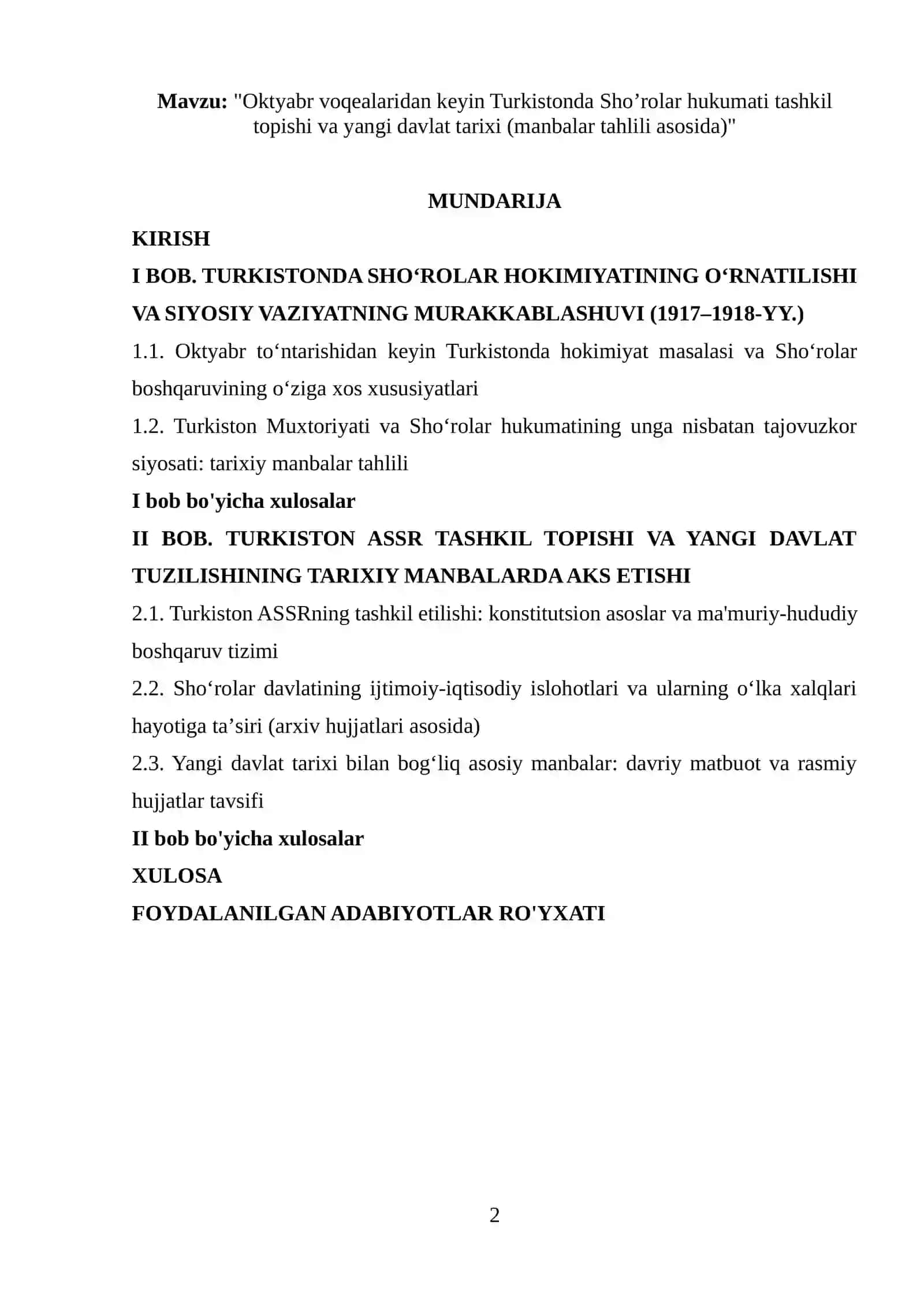 "Turkistonda Shoʼrolar hukumati tashkil topishi va yangi davlat tarixi (manbalar tahlili asosida)" 2
