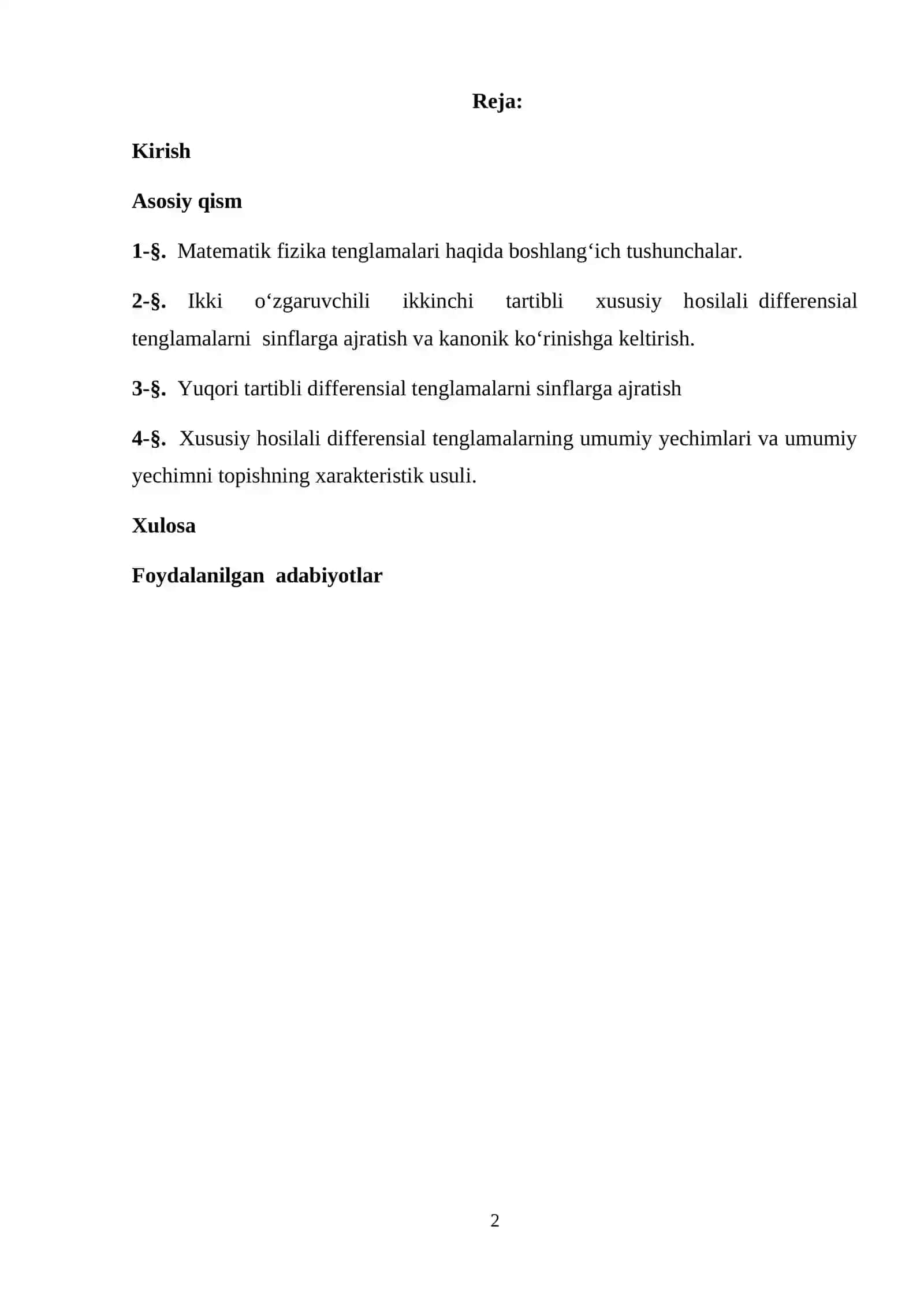 Xususiy hosilali differensial tenglamalarning klassifikatsiyasi KURS ISHI 2