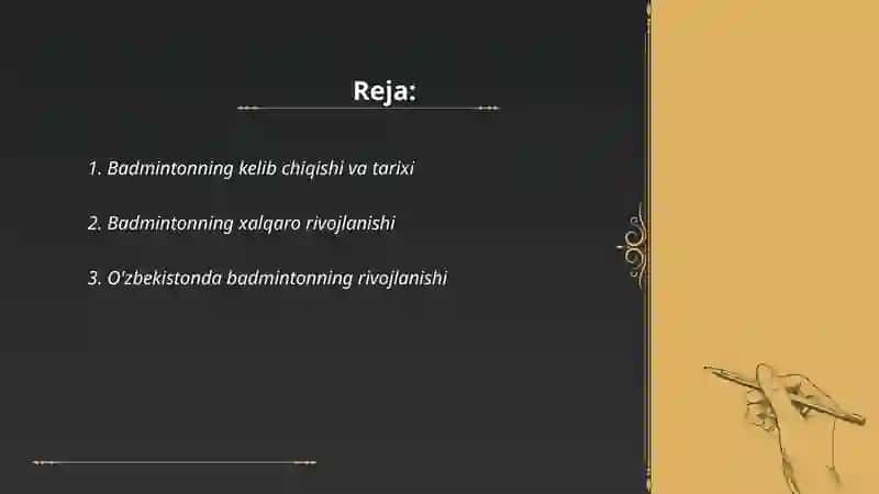 Badmintonning rivojlanish tarixi, o’yin texnikasi, taktikasi va qoidalari 2