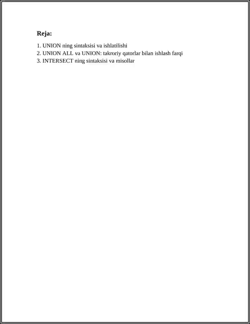 UNION, INTERSECT VA MINUS STANDAT SO`ZILARI 2