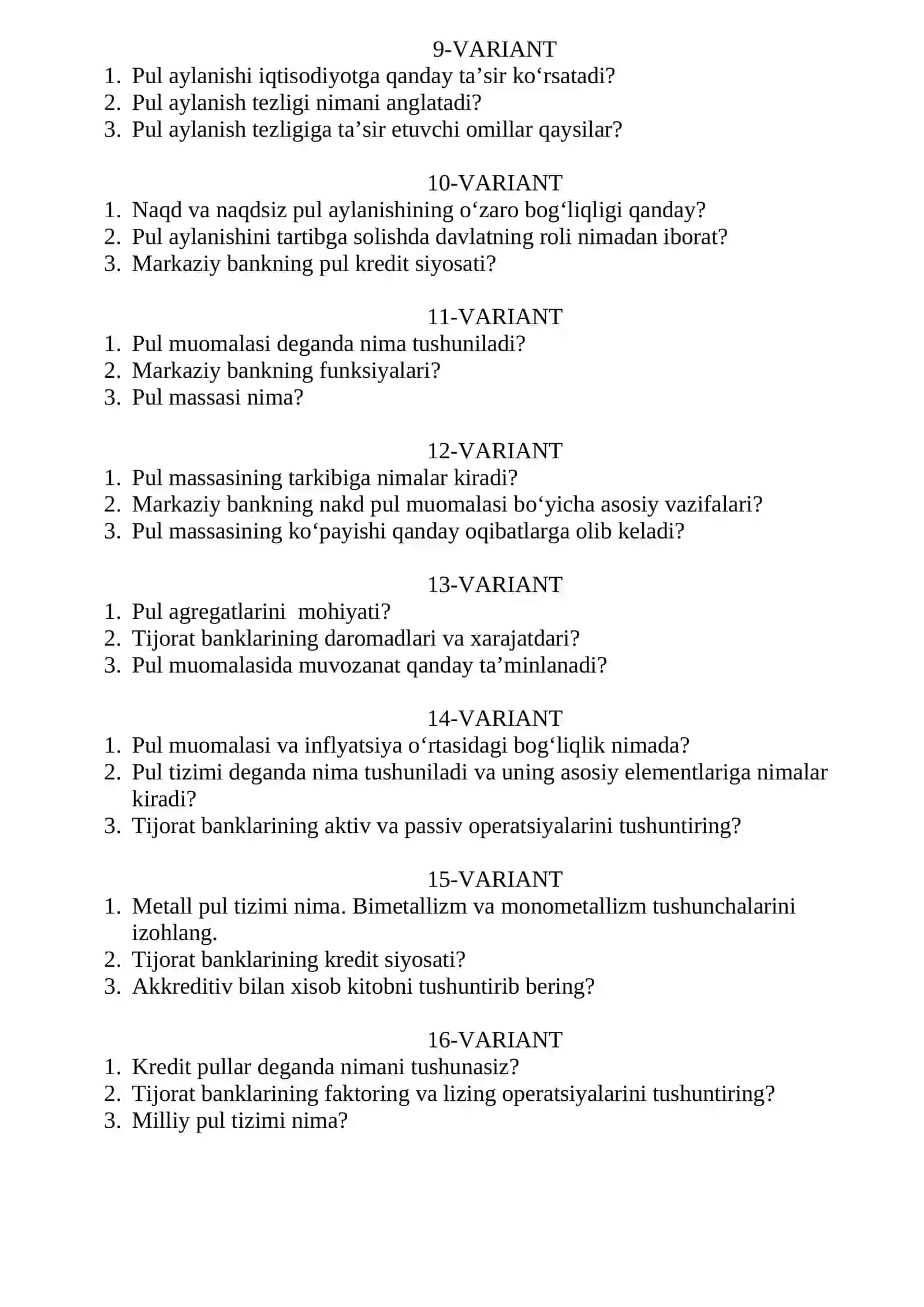 PUL VA BANKLAR FANIDAN ORALIQ NAZORAT SAVOLLARI 2